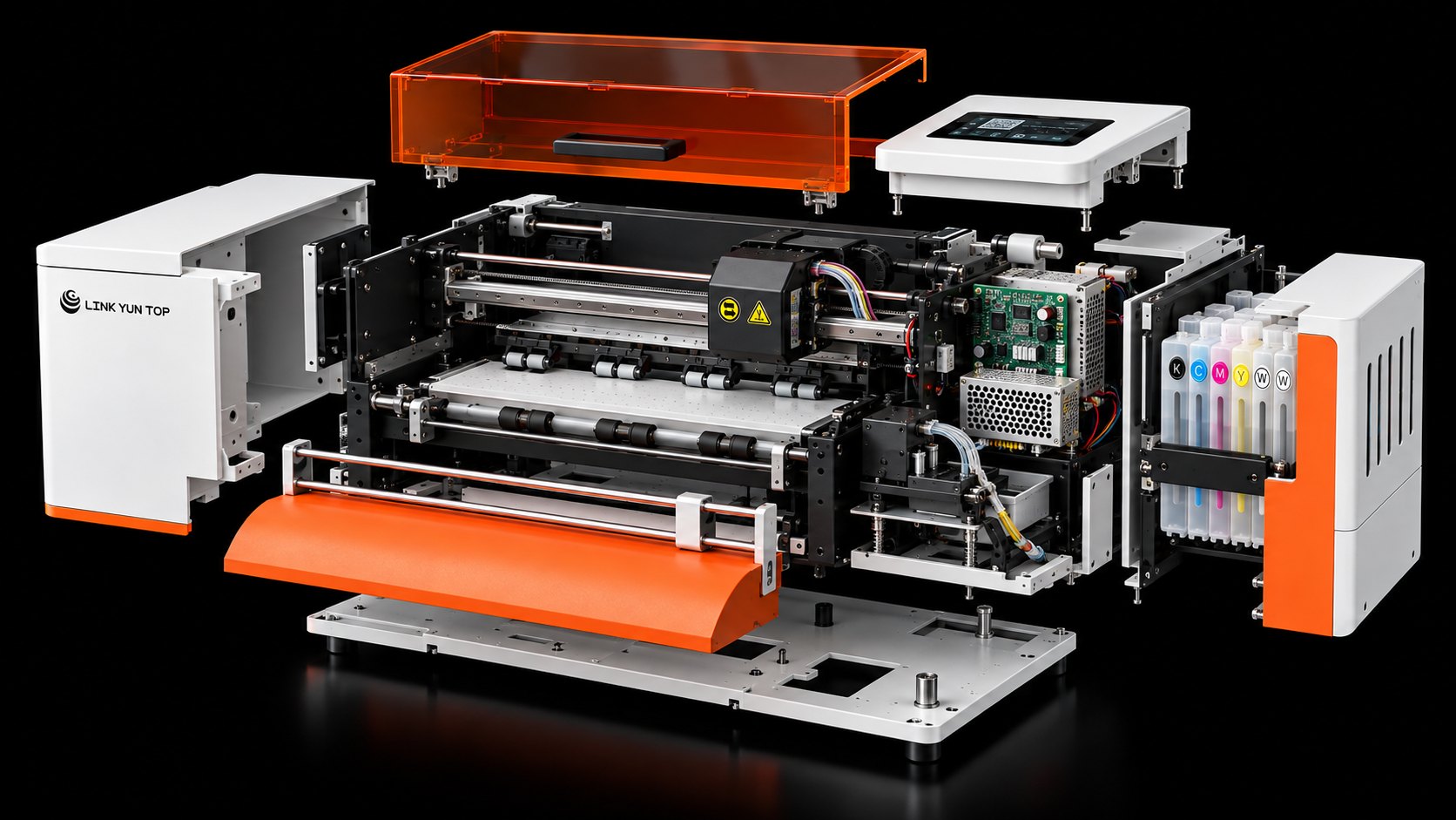 Exploded view of every part of the A301: lid, touchscreen, print carriage, rails, ink tanks and frame