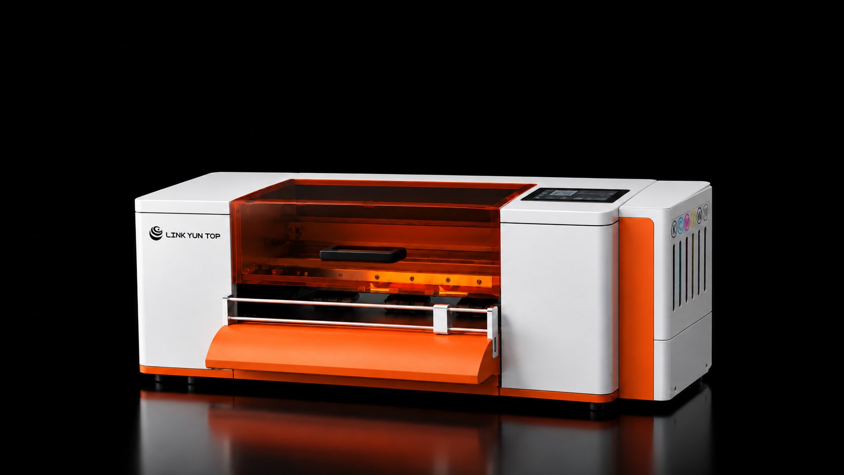 The A301 13-inch DTF printer, front view on black